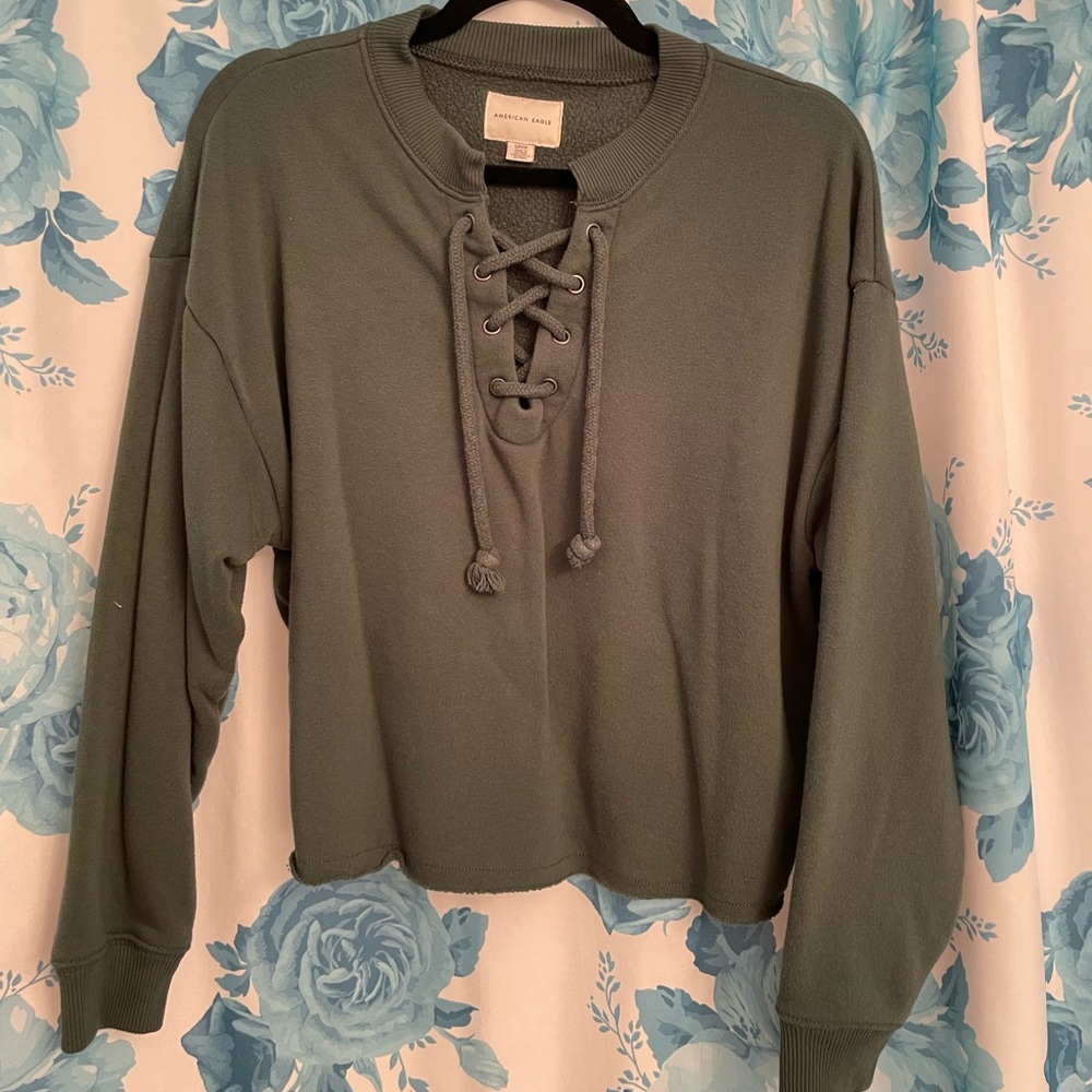 Evergreen Crop Hoodie Lace Up Top AE Aerie American Eagle